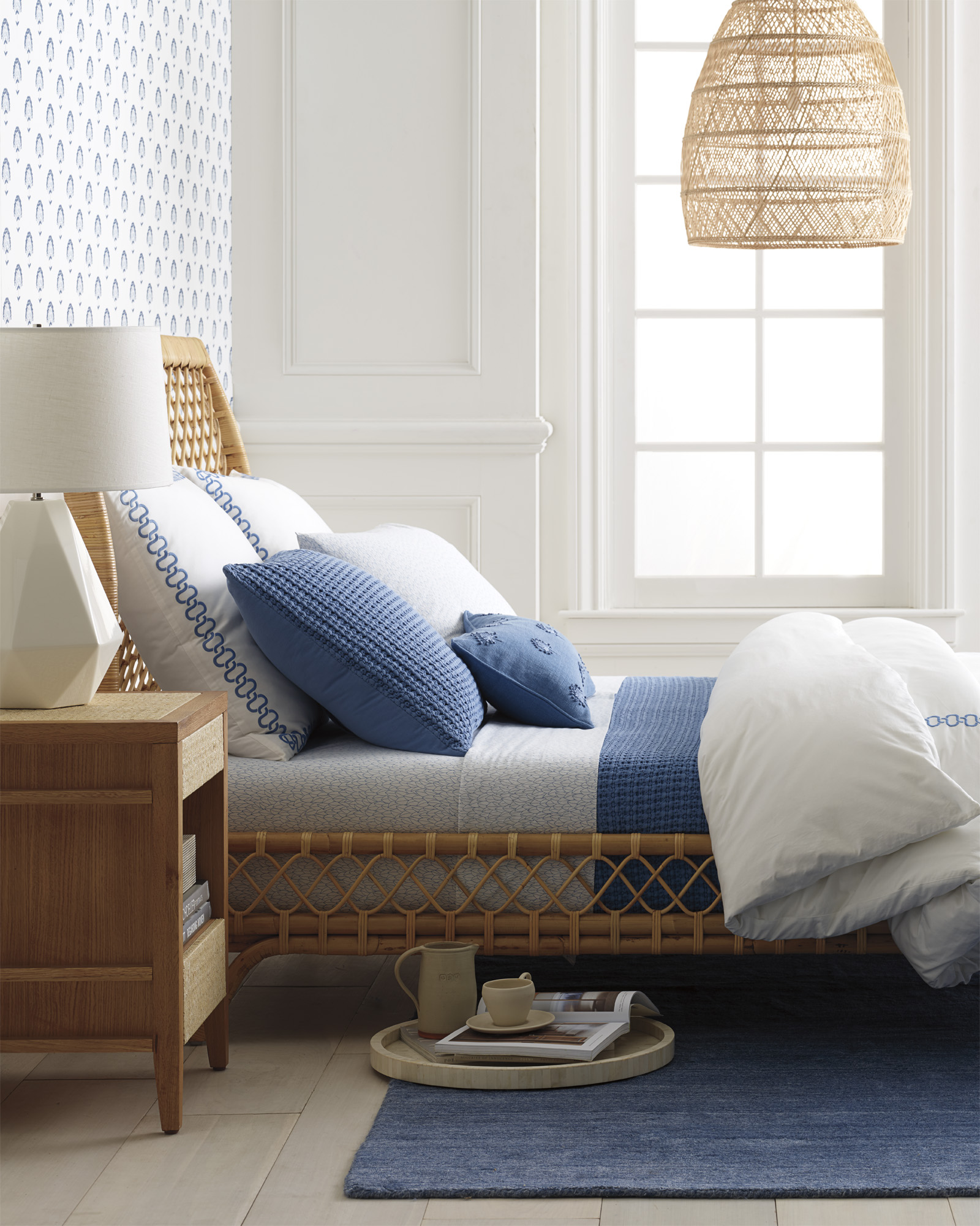 serena-lily-rattan-bed-blue-white-bedroom-wicker-woven-pendant-light
