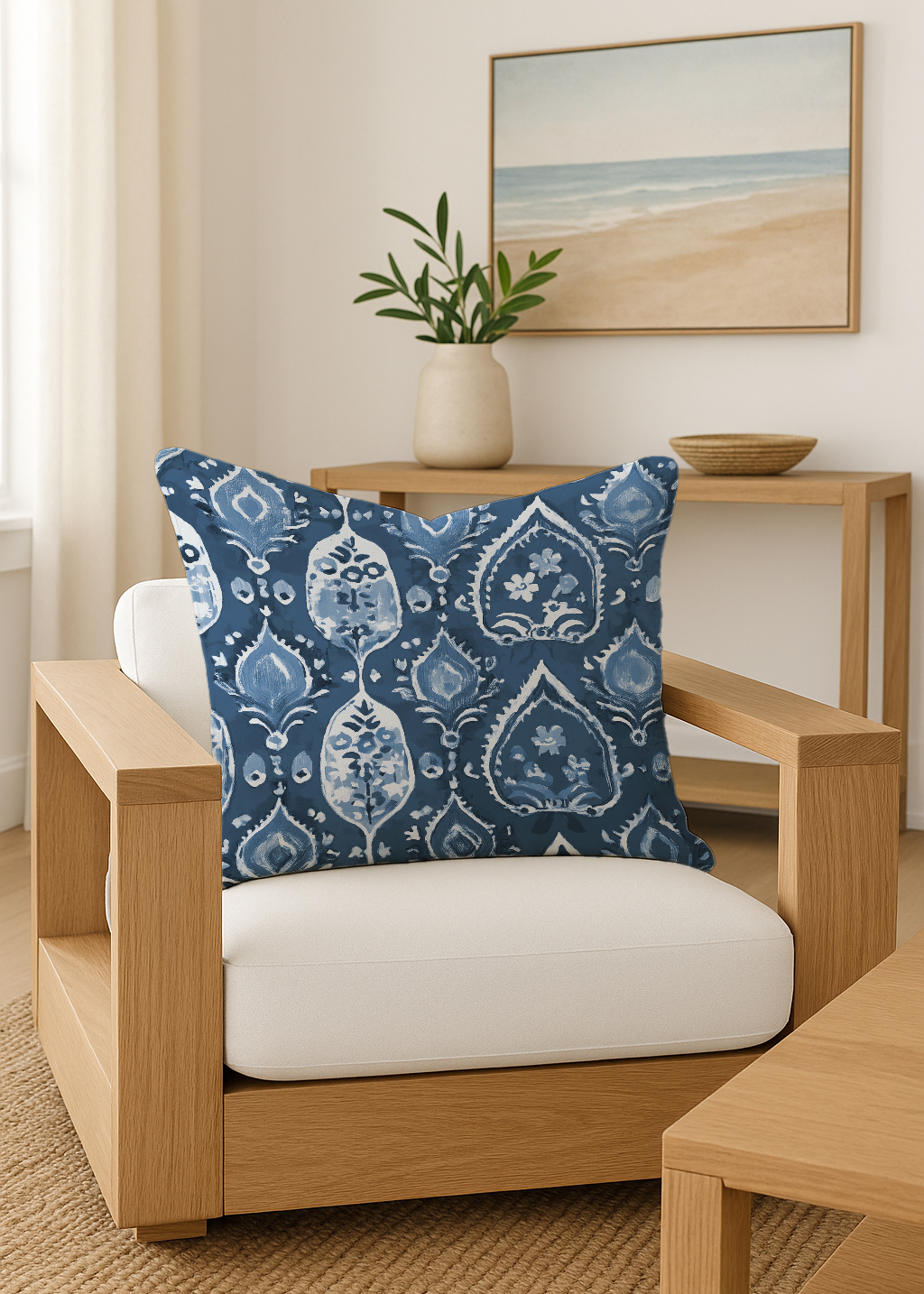 From an interior design perspective, Villa Sari Nusa Lembongan presents a sophisticated use of blue and white accents layered over a neutral foundation, creating a space that is both serene and coastal-chic. The design approach reflects an intentional balance between minimalist island living and carefully curated visual detail.