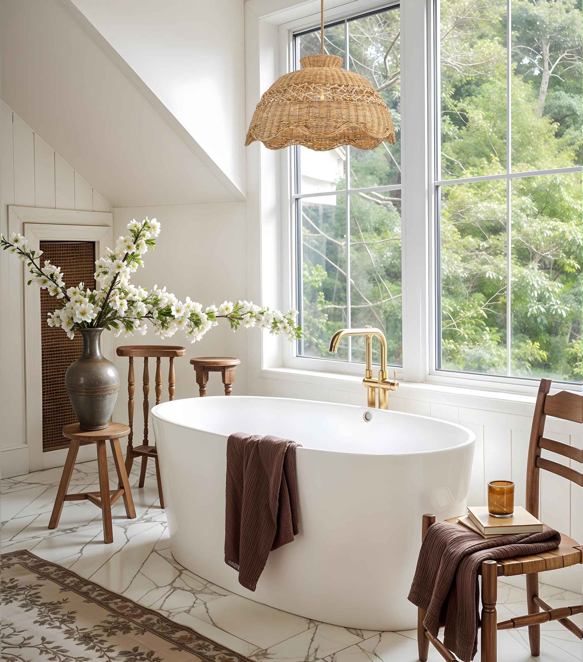 rattan pendant light, bathroom lighting ideas, natural bathroom design, organic modern interiors, coastal bathroom style, spa-inspired bathrooms, boho bathroom decor, minimalist bathroom, bathroom lighting trends, interior design tips, earthy color palettes, sustainable home decor, handmade lighting, woven lighting fixtures, modern rustic bathrooms, bathroom renovation ideas, architectural lighting, textural design elements, natural textures, warm neutral interiors, modern boho style, soft lighting ideas, relaxed luxury interiors, bathroom styling tips