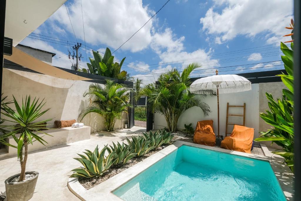 a swimming pool in a backyard with an umbrella and plants at Villa Naia Berawa in Canggu