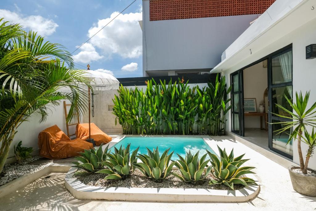 a swimming pool in the middle of a yard with plants at Villa Naia Berawa in Canggu