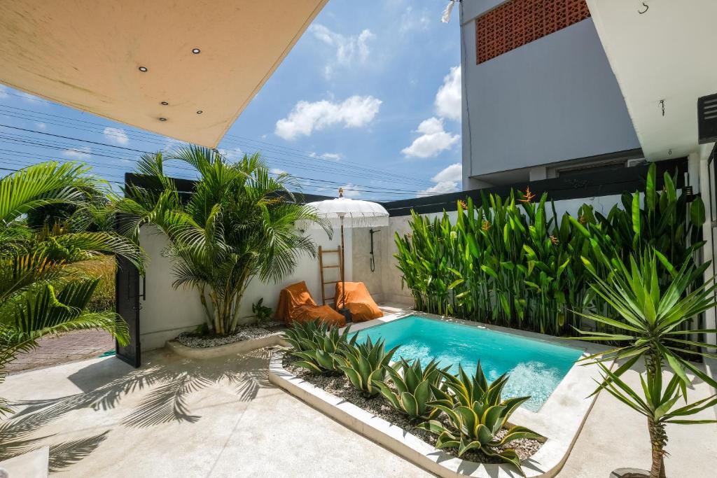 a backyard with a swimming pool and palm trees at Villa Naia Berawa in Canggu