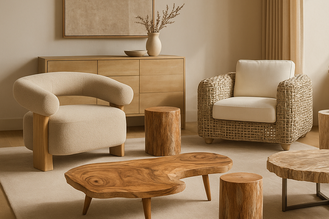 rattan chair, teak root coffee table and teak stools